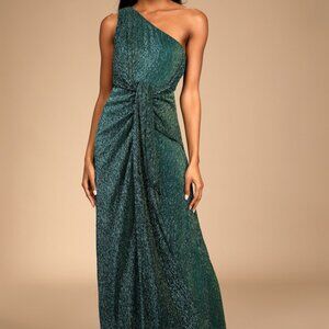 Lulus Glamorous Glitz Shiny Teal Green One-shoulder Maxi Dress - Size S
